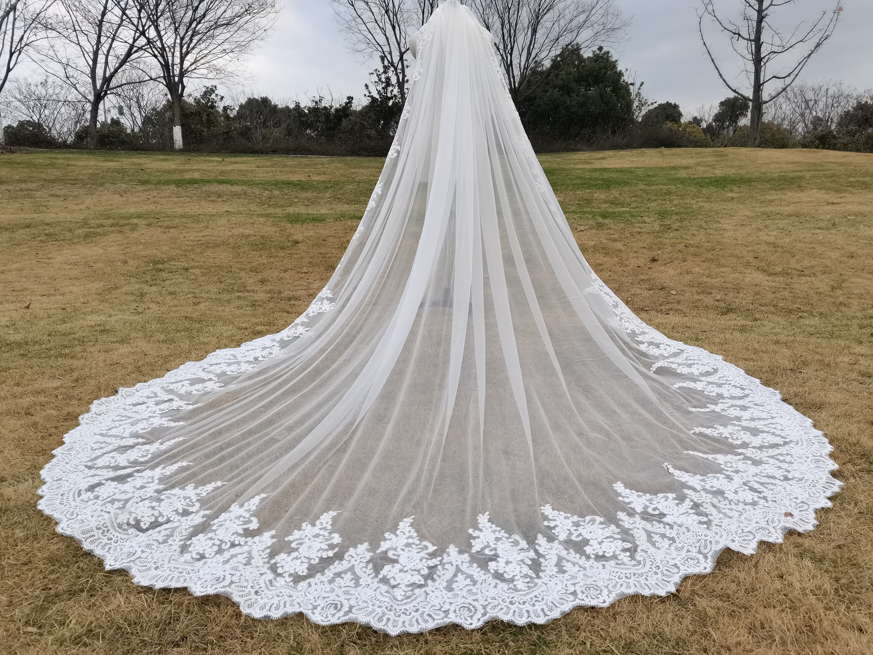 Ivory Wedding Veil Alencon Lace V045, Chapel Length (71 x 59)