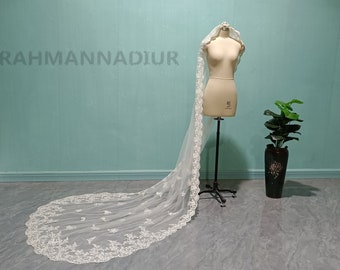 Luxury Cathedral Wedding Lace Appliques Veil Vintage White Ivory Lace Applique Veil Single Layer Long Lace Bridal Veil