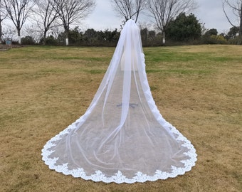 Cathedral Length Wedding Lace Veil One Layer Lace Bridal Veil White Tulle or Ivory Bridal Veil Wedding Lace Veil