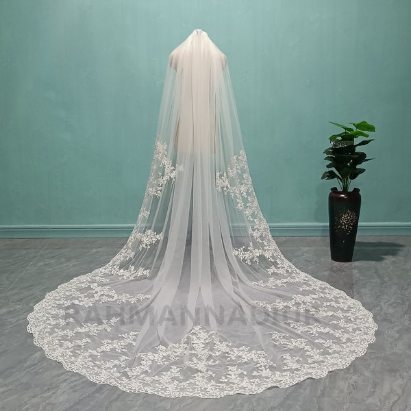 Luxurious Cathedral Lace Applique Wedding Veil Vintage White Ivory Lace Veil Fashion One Layer Lace Applique Bridal Veil