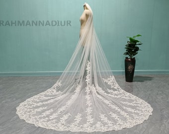 Vintage Single Layer Lace Applique Veil Gorgeous Cathedral Bridal Lace Veil Ivory White Lace Applique Wedding Veil