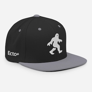 Puede incluir: Gorra de béisbol negra y gris con visera plana y un fantasma blanco bordado en la parte delantera. El texto "Ecto+" está en el lateral de la gorra. La gorra tiene una visera gris y un botón gris en la parte superior.