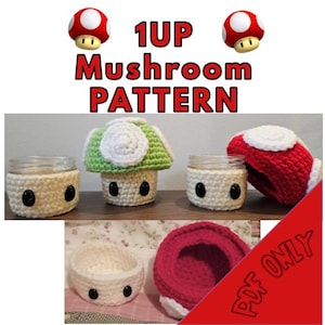 May include: Crochet pattern for a 1UP mushroom from the Super Mario Bros. video game. The pattern is available as a PDF download only.