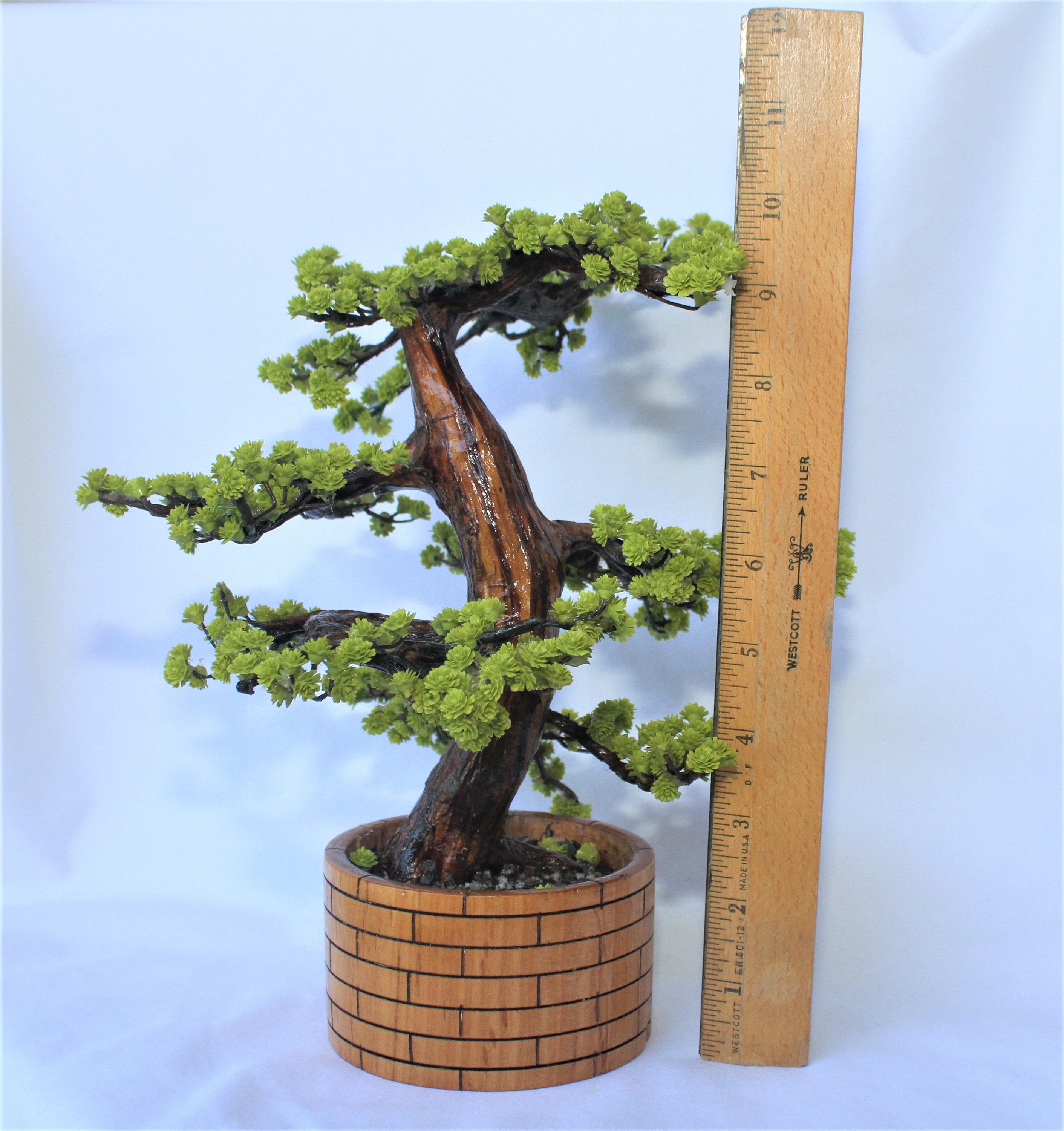 Handmade Bonsai Tree With Sola Flower Arrangement on Wooden Base