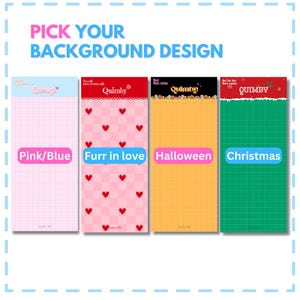 以下が含まれることがあります： PICK YOUR BACKGROUND DESIGNと書かれた4つの長方形の背景デザイン。1つ目はピンクのグリッド、2つ目は赤いハートが描かれたピンクの市松模様、3つ目はハロウィンのアイコンが描かれたオレンジ色、4つ目は緑のグリッドです。