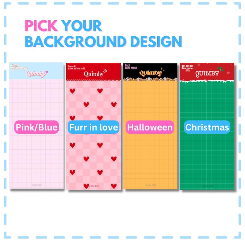 以下が含まれることがあります： PICK YOUR BACKGROUND DESIGNと書かれた4つの長方形の背景デザイン。1つ目はピンクのグリッド、2つ目は赤いハートが描かれたピンクの市松模様、3つ目はハロウィンのアイコンが描かれたオレンジ色、4つ目は緑のグリッドです。