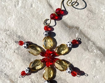 Vintage Inspired Red and Yellow Crystal Soccer Snowflake Christmas Ornament / Galatasaray / Manchester United