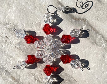 Vintage Inspired Red and Clear Crystal Snowflake Christmas Ornament