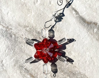 Vintage Inspired Red and Clear Crystal Snowflake Christmas Ornament
