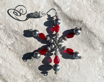 Vintage Inspired Red Gray and Silver Crystal Snowflake Christmas Ornament