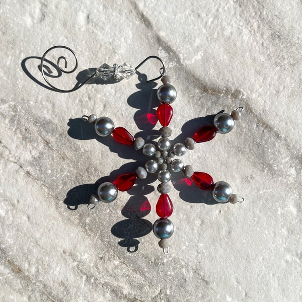 Vintage Inspired Red Gray and Silver Crystal Snowflake Christmas Ornament