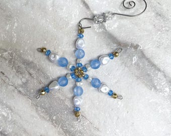Vintage Inspired Coastal Blue Crystal, Gold and Pearl Snowflake Christmas Ornament