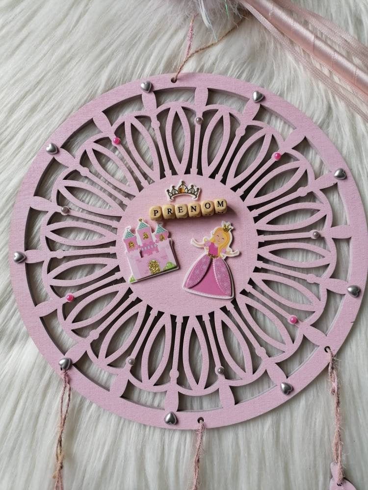 Attrape Rêves en Bois Bébé Fille Château de Princesse - Prénom à Personnaliser