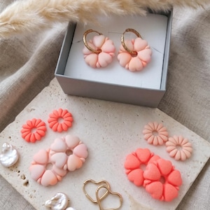 Könnte beinhalten: Eine Sammlung handgefertigten Schmucks und Accessoires. Das Bild zeigt ein Paar pfirsichfarbene herzförmige Ohrringe mit goldenen Reifen in einer Schachtel, zusammen mit anderen Ohrringen, herzförmigen Reifen und dekorativen Elementen.