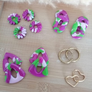 Interchangeable "Garden Prism" tassel – Polymer clay earrings – Purple, Green and Pink – Daisy, Oval, Triangle flower