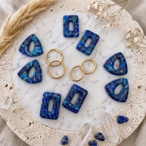 Pendientes de aro azules, colgantes extraíbles de color azul medianoche jaspeado y turquesa, pendientes rectangulares y triangulares de polímero intercambiables