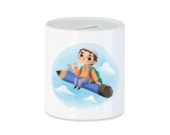 Money box - boy on flying pen