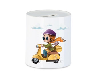 Money box - girl with headscarf on moped