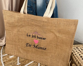 Sac cabas fête des Grands mères, Le joli bazar de mamie, cadeau grand mère, sac cabas en toile de jute personnalisable