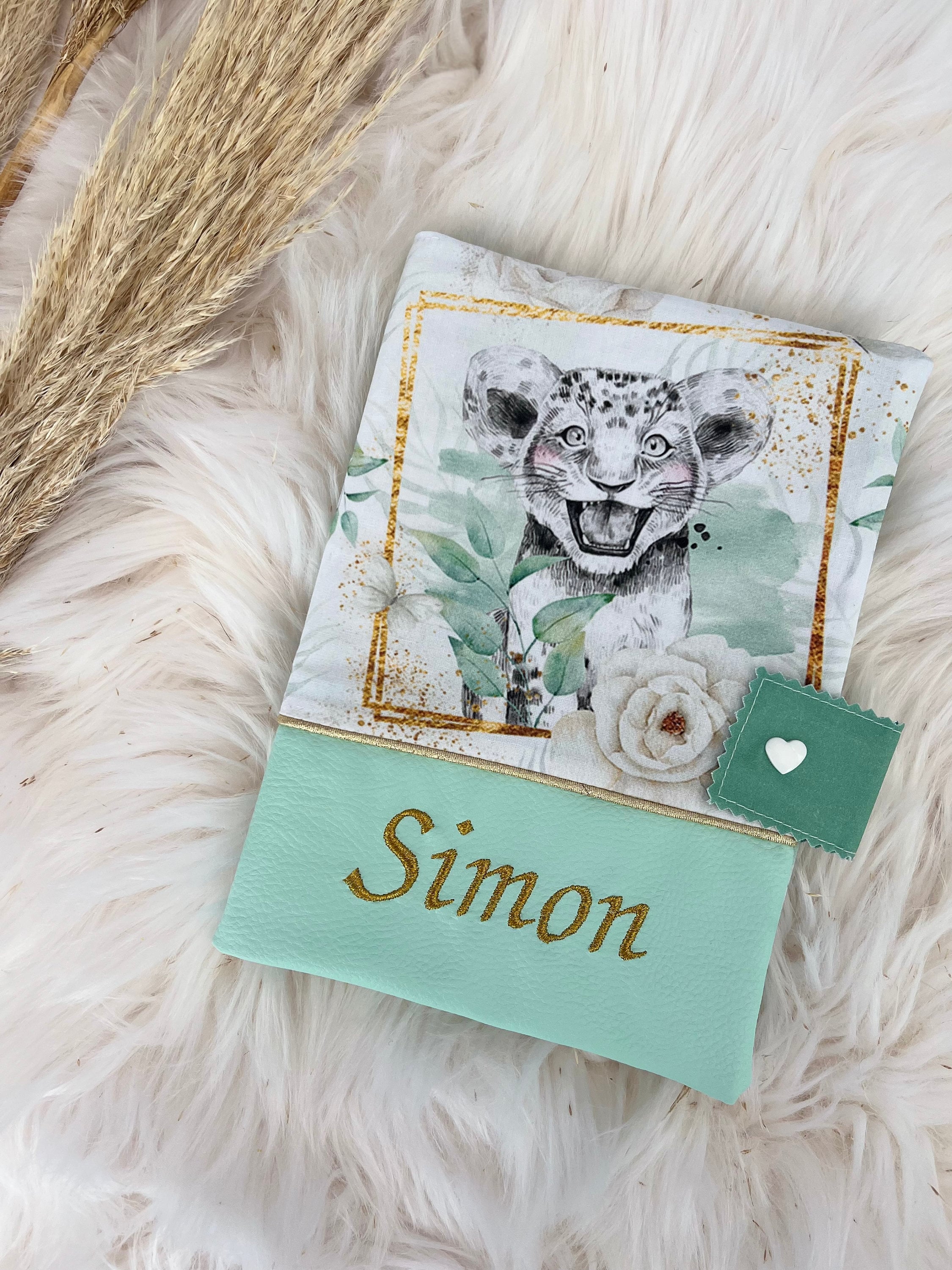 Personalized Savanna health record cover with first name Babyshower birth gifts Lion cub record cover