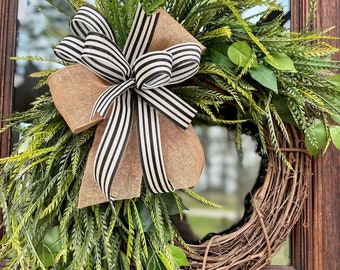 Neutral greenery wreath for front porch, Rustic Farmhouse wreath, minimalist door decor, all season wreath, grapevine wreath for entry