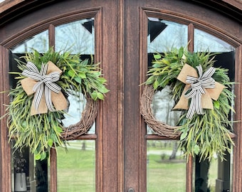 Greenery wreaths for double front doors, Rustic farmhouse wreath for front entry , grapevine wreath with greenery, Greenery Farmhouse decor