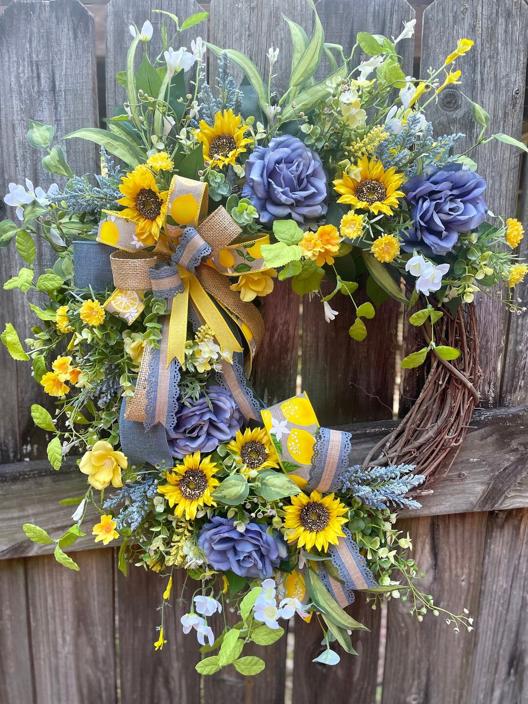 Blue and Yellow Sunflower Wreath Sunflower Grapevine Wreath Etsy