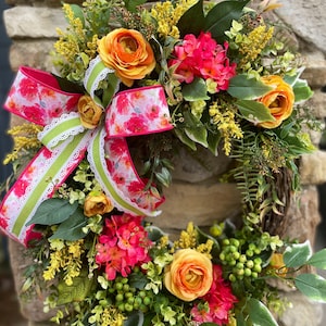 Tropical summer wreath for front door, colorful outdoor decor, floral wedding wreath, magenta and orange wreath, hot pink summer wreath
