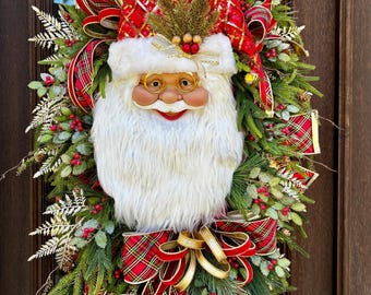 XL Santa Christmas Wreath, Peppermint Holiday Door Decor - Etsy