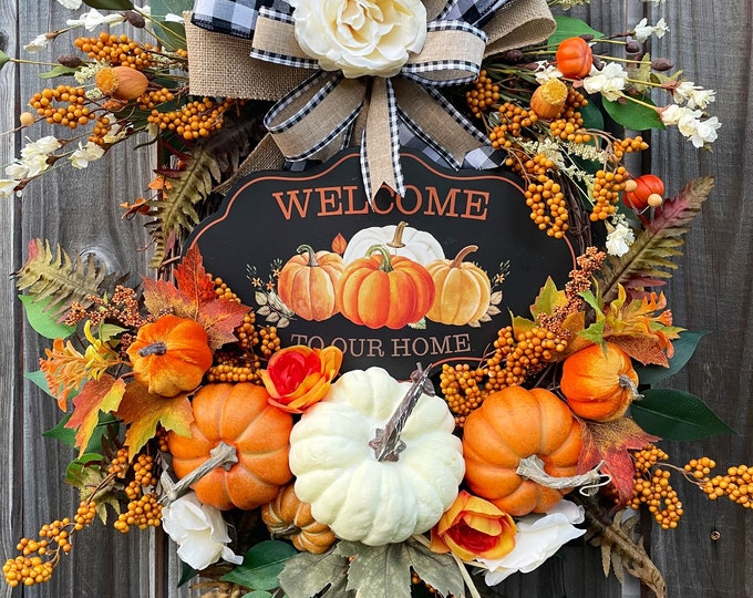 Large Fall Wreath With Pumpkins Rustic Pumpkin Wreath High Etsy