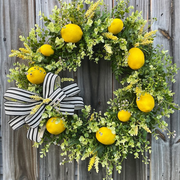 farmhouse lemon wreath, lemon wreath for front door, kitchen wreath, citrus porch decor, lemon outdoor decor, rustic farmhouse wreath