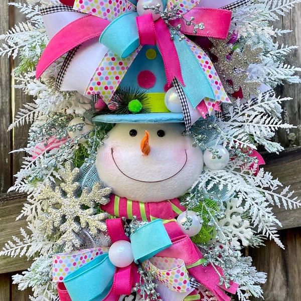 Pastel Christmas swag, Christmas snowman wreath, pink and blue Christmas swag, whimsical holiday swag, wreath low shipping, snowman swag,
