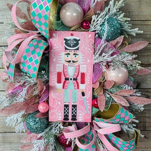 Pink nutcracker wreath, pastel Christmas swag, Nutcracker theme wreath, Holiday front door decor, porch decorations, entry wreath