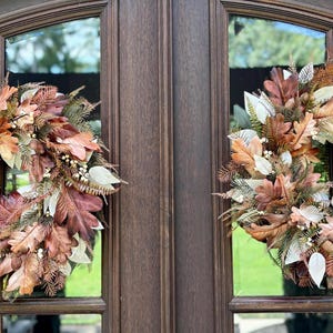 Fall double door wreaths,  (set of two) farmhouse wreath for front entry, neutral autumn porch decor, harvest wreaths, leaves and acorns