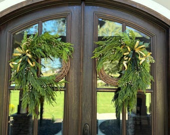 Christmas double door wreaths,(set of two), Norfolk Pine wreaths, green and gold wreath, elegant cedar swag, holiday decor for entry
