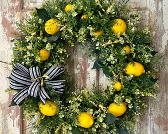 farmhouse lemon wreath, lemon wreath for front door, kitchen wreath, citrus porch decor, lemon outdoor decor, rustic farmhouse wreath
