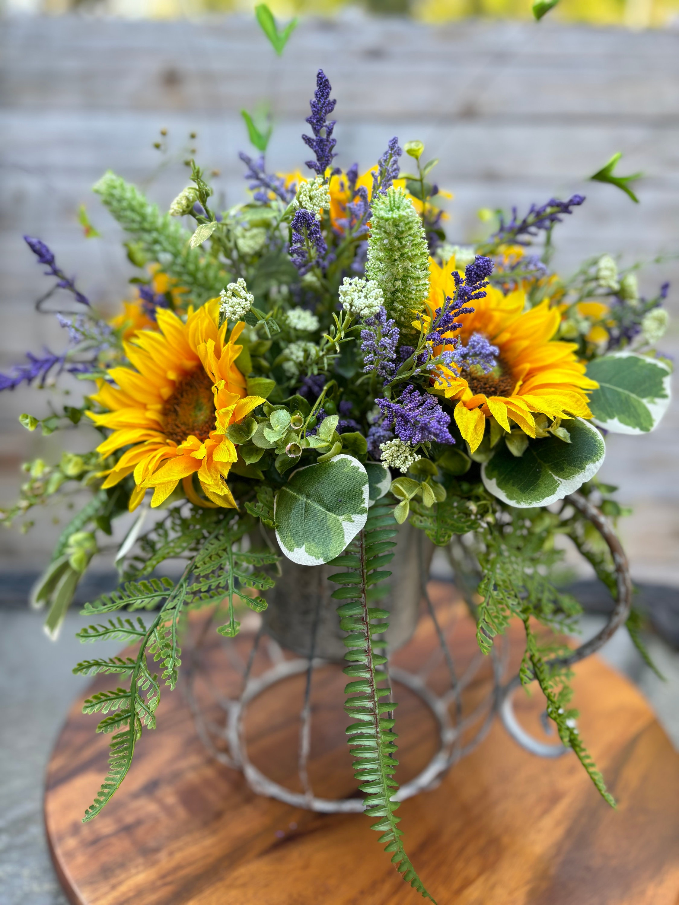 Farmhouse rustic sunflower centerpiece, sunflower and lavender table arrangement, porch decor,  summer front entry table, faux floral design