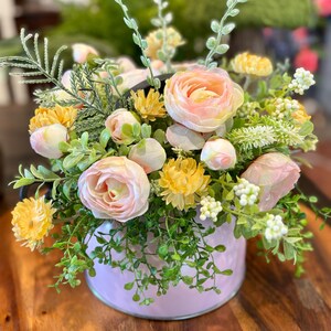 Pink teapot floral arrangement - Ranunculus in Vintage teapot -  cottagecore Table Decor - artificial flowers for kitchen or dining room