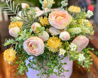 Pink teapot floral arrangement - Ranunculus in Vintage teapot -  cottagecore Table Decor - artificial flowers for kitchen or dining room