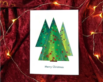 4 Christmas Cards, Handmade Watercolor Cards, Happy Holidays, Trees