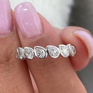 1,68 CTW taglio a pera CZ diamante fascia eternità completa/925 Sterling Silver Bezel Set Band/Fede nuziale/Regalo di anniversario
