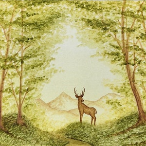 May include: A watercolour painting depicting a deer standing in a forest clearing. The deer is brown with a large set of antlers. The forest is green and lush, with tall trees and a stream running through it. The background is a hazy blue, suggesting a distant mountain range.