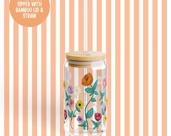 Akoestisch tijdperk Floral Sipper Glass Piano Tour geïnspireerde beker 16oz glazen beker met bamboe deksel en rietje cadeau voor Swift fan piano bloemen beker