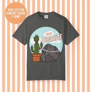Pode incluir: T-shirt cinzenta escura com um gráfico com um cacto num vaso, uma rocha cinzenta e a palavra "OPALITE" num círculo azul. O texto "now the sky is" está acima da palavra "OPALITE". A t-shirt também tem o texto "100% Cotton Comfort Colors T-Shirt".