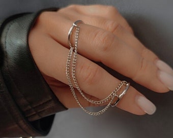 Silver chain ring set, silver ring set, multi finger ring, ring with chain,  goth ring set gothic fashion, egirl eboy Korean jewelry biker