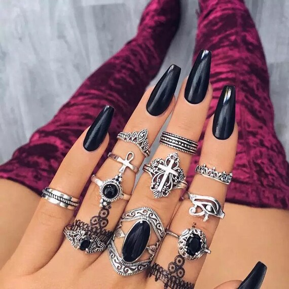 Goth Ring Set Black Midi Rings Silver Alternative Jewelry