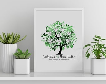 Personalised Family tree frame print - 55th wedding anniversary gift, Emerald wedding anniversary gift, mothers day, wedding gift