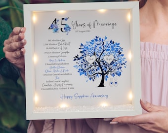 May include: A square white shadow box frame with internal LED lights containing a personalized 45th anniversary print. The design features a blue tree with two heart-shaped leaves labeled Paul and Angela, surrounded by text detailing years of marriage.