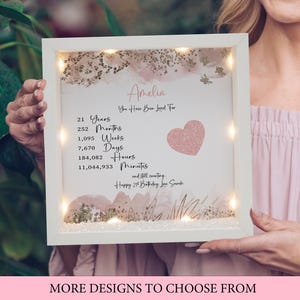 May include: A white light-up frame with a pink and gold design. The frame has a personalised message that reads "Amelia You Have Been Loved For 21 Years 252 Months 1,095 Weeks 7,670 Days 184,082 Hours 11,044,933 Minutes and still counting Happy 21st Birthday Love Sarah".
