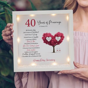 May include: A white framed illuminated sign with a red heart-shaped tree with two pink hearts on the branches. The text on the sign reads "40 Years of Marriage 31st January 1975 480 Months of Love 2,087 Weeks of Commitment 14,610 Days of Hugs 350,640 Hours of Laughter 2 Amazing Children James & John 4 Beautiful Grandchildren Rob, Dan, Gabby & Juans 2 Precious Great Grandchildren Noah & Olivia Endless Love & Laughter Countless Happy Memories 1 Incredible Life as Husband & Wife Happy Ruby Anniversary". The names "Carol" and "Dan" are written on the pink hearts.